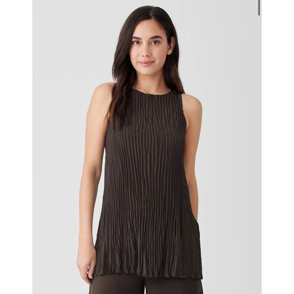Eileen Fisher Tops - Eileen Fisher Petite Medium Crinkle Crushed Silk Bateau Neck Long Tank Espresso
